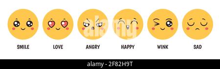 Émoticônes émotions. Cartoon emoji visages avec sourire heureux, amour, triste, fâché et se tordre pour les médias sociaux, chat ou commentaires de client, ensemble de vecteur Illustration de Vecteur