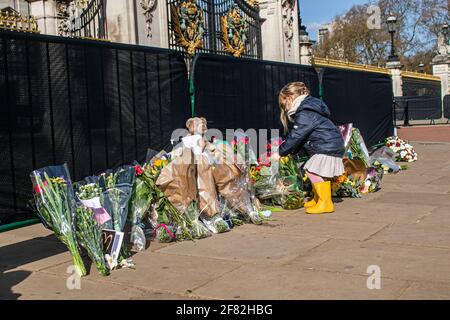 BUCKINGHAM PALACE LONDRES, ROYAUME-UNI 11 AVRIL 2021. Une jeune fille apporte des fleurs en hommage au prince Philip, duc d'Édimbourg, décédé à l'âge de 99 ans à l'extérieur du palais de Buckingham. Sa Majesté la Reine a annoncé la mort de son mari, son Altesse Royale le prince Philip, duc d'Édimbourg, qui est décédé paisiblement le 9 avril au château de Windsor crédit amer ghazzal/Alamy Live News Banque D'Images