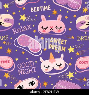Masque de rêve sans coutures. Joli imprimé pyjama avec masques avec yeux de fille, licorne, lapin, étoiles et citations de doux rêves. Motif vectoriel confortable Illustration de Vecteur