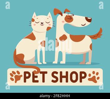 Chat et chien. Affiche du logo de la boutique d'animaux de compagnie ou du magasin de vétérinaire avec animaux heureux. Amis chatons et chiots ensemble. Conception de vecteur d'étiquette vétérinaire Illustration de Vecteur
