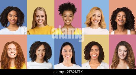 Ensemble composé de femmes multiculturelles souriantes et variées Banque D'Images