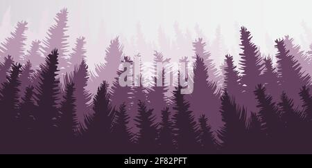 Forêt de pins vectoriels, fond de paysage, conception de brouillard et de brume. Illustration de Vecteur