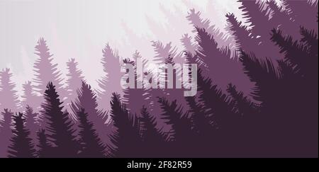 Forêt de pins vectoriels, fond de paysage, conception de brouillard et de brume. Illustration de Vecteur
