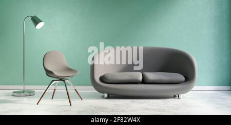 Un canapé moderne gris contemporain avec chaise et lampe rembourrées illustration de rendu 3d Banque D'Images