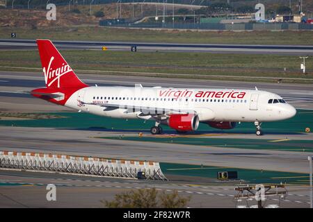 Los Angeles, États-Unis – 21. Février 2016: Virgin America Airbus A320 à l'aéroport de Los Angeles (LAX) aux États-Unis. Airbus est un fabricant d'avions Banque D'Images