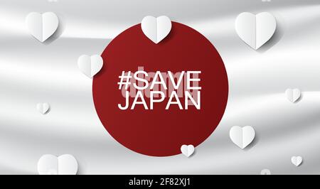 Drapeau du Japon avec message Save for japan sur fond de drapeau gris; conception pour le soutien et l'aide aux gens; charité; faire un don après le glissement de terrain Typhoon; vecteur Illustration de Vecteur