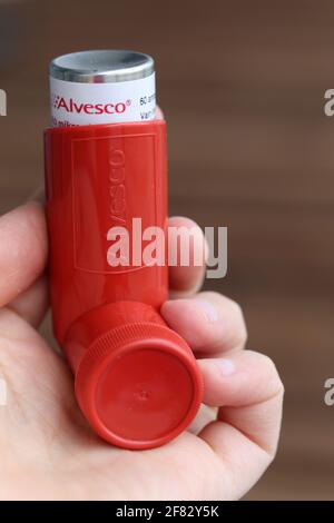 Alvesco 160 mikrogrammes par dose astma Medicine avril 2020, Espoo, Finlande. Alvesco comprend la cortisone utilisée pour traiter l'inflammation des poumons. Banque D'Images