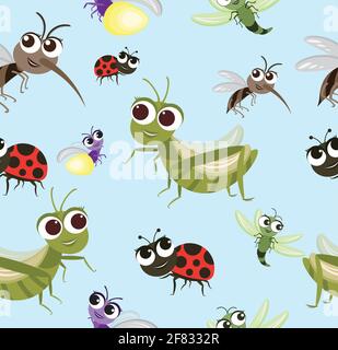 Vector sans couture motif insectes dessin animé personnage design mignon style concept. Illustration de Vecteur