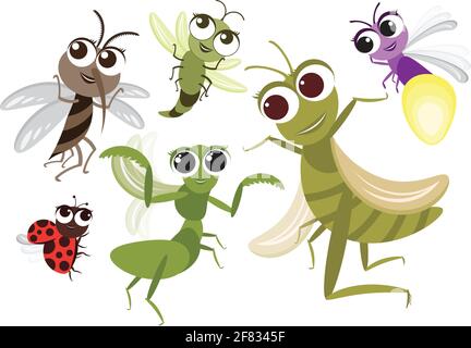 Ensemble de mignon Flying insectes personnage de dessin d'insectes, vecteur insectes, moustique, Grasshopper, Dragonfly, Mantis, Firefly et Coccinelle sur le backgro blanc isolé Illustration de Vecteur