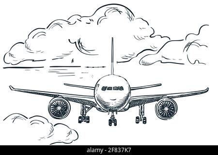 Le plan vole dans le ciel, illustration d'esquisse vectorielle dessinée à la main. Arrière-plan du dessin de vol. Tourisme, voyage et vacances éléments de conception isolés Illustration de Vecteur