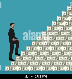 Un homme grimpe les marches faites de billets de cent dollars américains dans cette illustration 3-D. Banque D'Images