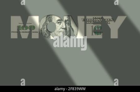 Le mot ARGENT apparaît avec un USA une facture de cent dollars en remplissant les lettres. Deux versions en une seule conception. Il s'agit d'une illustration 3-D. Banque D'Images