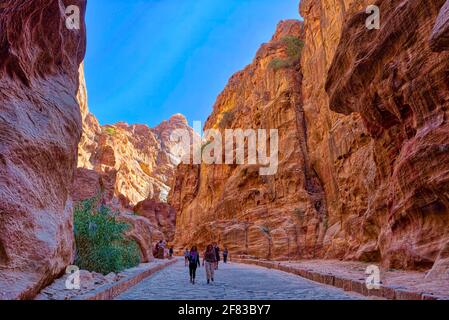 Quelques faits sur la Siq: - la gorge est de 1.2 kilomètres de long. - à son point le plus étroit, les murs sont à seulement 3 mètres d'écart! - il n'a pas été fait par erosio Banque D'Images