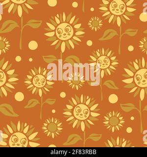 Motif vectoriel sans couture avec tournesol sur fond marron. Papier peint simple à motif fleuri pour les enfants. Textile de mode de prairie de fleurs heureux. Illustration de Vecteur