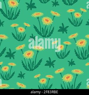 Motif vectoriel transparent avec pissenlits sur fond vert. Papier peint fleuri simple. Textile de mode de prairie de fleurs sauvages. Illustration de Vecteur