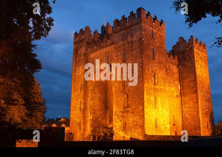 Lumières nocturnes du château de Bunratty dans le comté de Clare en Irlande Banque D'Images
