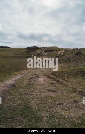 Seaford, East Sussex | Royaume-Uni - 2021.04.04 : personnes marchant sur les chemins au sommet des falaises de Chalk Cliffs Banque D'Images