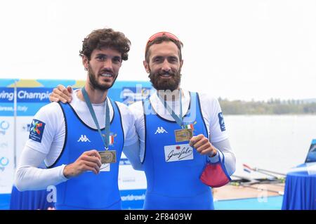 Varese, Varese, Italie, 11 avril 2021, Stefano Oppo, Pietro Ruta (Italie), Double Sculpls légers pour hommes, 3 e classé lors des Championnats d'Europe d'aviron 2021 , Canoying - photo Danilo Vigo / LM Banque D'Images