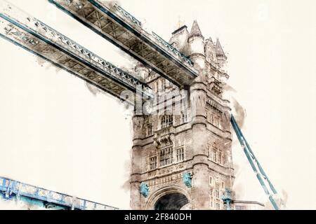 Tower Bridge à Londres, Royaume-Uni. Aquarelle, aquarelle. Banque D'Images