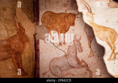 Pompéi, Italie. Fresques anciennes dans le mur de la vieille maison. Patrimoine mondial de l'UNESCO Banque D'Images