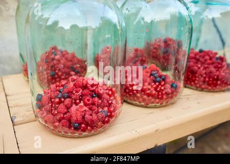 Bocaux en verre non scellés avec framboises et raisins de Corinthe, préparés pour la mise en conserve. Préparation de compote maison Banque D'Images