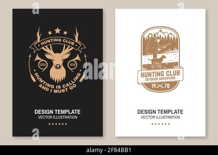 Jeu de badges du club de chasse. Vecteur. Prospectus, brochure, bannière, poster avec cerf et corne de chasse, chasseur, chien, fusil de chasse, montagnes et forêt Illustration de Vecteur