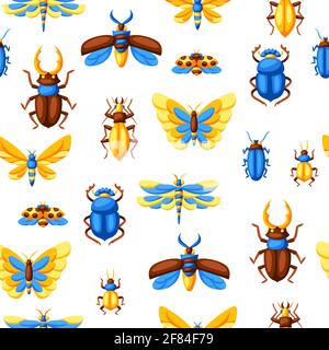 Motif sans couture avec insectes. Papillons stylisés, coléoptères et libellules. Illustration de Vecteur