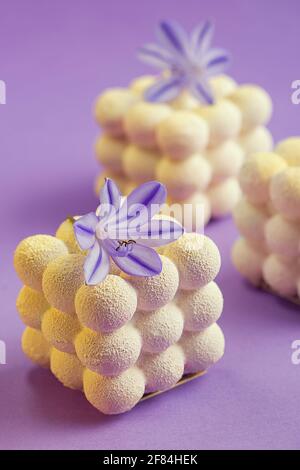 Petits gâteaux de mousse recouverts de velours de chocolat blanc, décorés de fleurs Banque D'Images