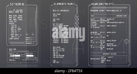 Éléments d'interface HUD avec une partie du code assemblage. Illustration de Vecteur