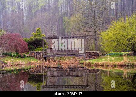 Photo d'un pont en bois au-dessus d'un étang entouré de feuillage. Banque D'Images