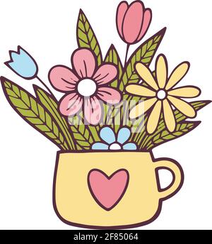 Tasse à thé avec icône de bouquet de fleurs, dessin à la main et style de contour Illustration de Vecteur