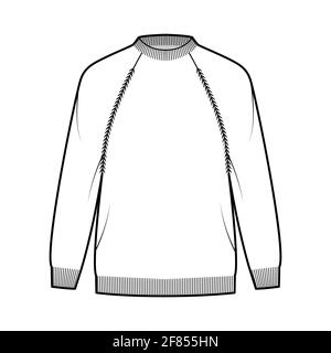 Chandail de pêcheur, illustration technique de la mode avec col ras du cou côtelé, manches longues raglan, coupe large, sur les hanches, bordure en tricot. Pull sans pinces à l'avant, style blanc. Femmes, hommes unisex CAD maquette Illustration de Vecteur