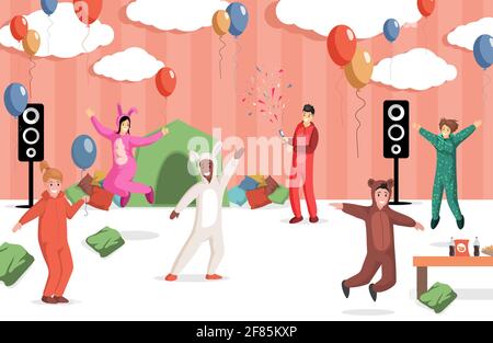 Souriant enfants heureux en ours et lapin costumes avoir amusant intérieur à enfants partie scénario plat. Garçons et filles célébrant un anniversaire à la maison ou à la fête de la maternelle. Illustration de Vecteur