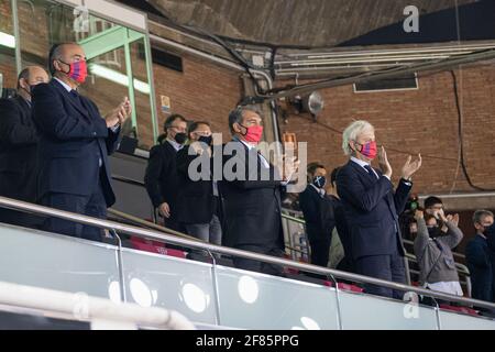 BARCELONE, ESPAGNE - AVRIL 11 : Présidente du FC Barcelone Joan Laporta lors du match Barcavs Real Madrid de la ligue ACB le 11 avril 2021, à Palau Blaugrana, Barcelone, Espagne. (Photo de Pau de la Calle / SipaUSA). Banque D'Images