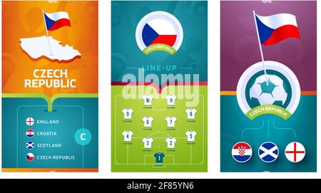 Bandeau vertical football européen 2020 pour les médias sociaux. Bannière du groupe D de la République tchèque avec carte isométrique, drapeau à broche, programme de match et alignement Illustration de Vecteur