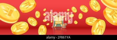 Fortune, luck, bingo Falling coins, falling money, flying gold coins, golden rain. Jackpot or success concept. King with a big smile throws gold Illustration de Vecteur