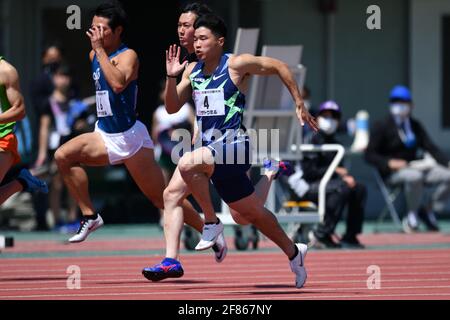 Shimane, Japon. Crédit: MATSUO. 11 avril 2021. Yuki Koike Athletics : 75e Izumo rencontrez YOSHIOKA SPRINT 100m chaleur hommes au stade d'athlétisme Hamayama Park à Shimane, Japon. Credit: MATSUO .K/AFLO SPORT/Alay Live News Banque D'Images