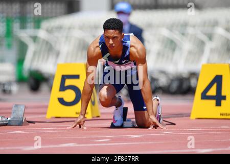 Shimane, Japon. Crédit: MATSUO. 11 avril 2021. Aska Cambridge Athletics : 75e Izumo rencontrez la chaleur de 100m de YOSHIOKA SPRINT hommes au stade d'athlétisme Hamayama Park à Shimane, Japon. Credit: MATSUO .K/AFLO SPORT/Alay Live News Banque D'Images