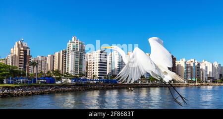 Grand aigreet blanc volant contre la ville de Florianopolis, Brésil Banque D'Images