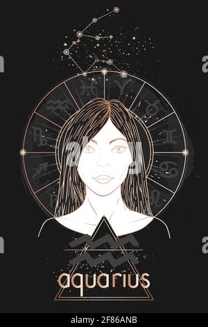 Carte d'astrologie dorée. Signe du zodiaque Verseau, constellation et beau portrait de femme sur fond sombre avec cercle d'horoscope. Image vectorielle en or Illustration de Vecteur