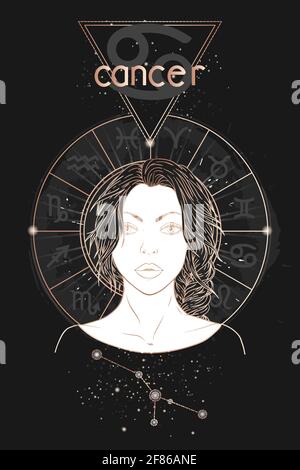 Carte d'astrologie dorée. Signe du zodiaque cancer, constellation et beau portrait de femme sur fond sombre avec cercle d'horoscope. Image vectorielle en or A. Illustration de Vecteur