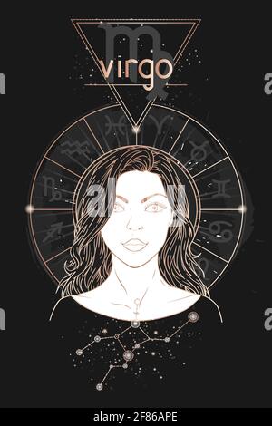 Carte d'astrologie dorée. Signe du zodiaque Vierge, constellation et beau portrait de femme sur fond sombre avec cercle d'horoscope. Image vectorielle en or an Illustration de Vecteur