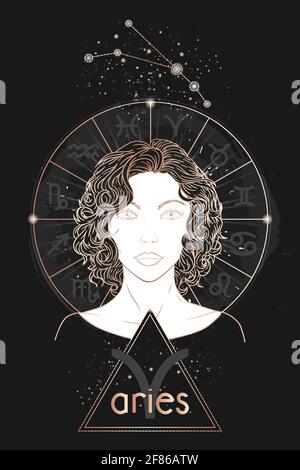 Carte d'astrologie dorée. Signe du zodiaque Bélier, constellation et magnifique portrait de femme sur fond sombre avec cercle d'horoscope. Image vectorielle en or an Illustration de Vecteur