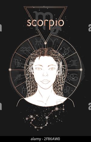 Carte d'astrologie dorée. Signe du zodiaque Scorpion, constellation et beau portrait de femme sur fond sombre avec cercle d'horoscope. Image vectorielle en or Illustration de Vecteur