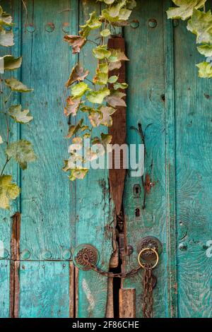 Ancienne porte en bois vert avec chaîne en métal et poignées de porte gros plan Banque D'Images