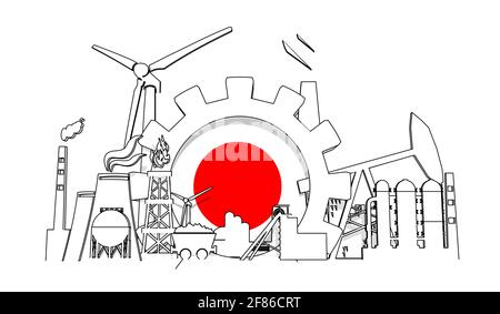 Concept industriel de l'énergie et de l'énergie. Équiptez-vous du drapeau du Japon. Production d'énergie et industrie lourde. Rendu 3D. Style de ligne mince Banque D'Images