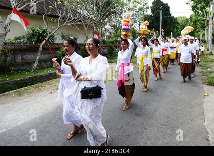 Procession de femmes habillées traditionnellement portant des offrandes de temple / gebogans sur leur tête près d'Ubud, Bali, Indonésie. Banque D'Images