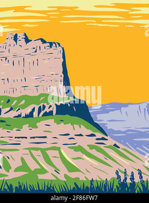 WPA Poster Art of the Scotts Bluff National Monument situé Près de la ville de Gering dans le Nebraska le long du nord Platte River fait en travaux annonce de projet Illustration de Vecteur