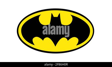 Célèbre logo Batman pour célébrer le 80e anniversaire de Batman isolé sur fond blanc. Banque D'Images