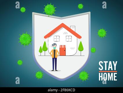 Tout le monde portant un masque médical et l'auto-isolement à la maison. Pandémie de coronavirus et de distance sociale. Rester à la maison avec l'auto-quarantaine pour arrêter Illustration de Vecteur
